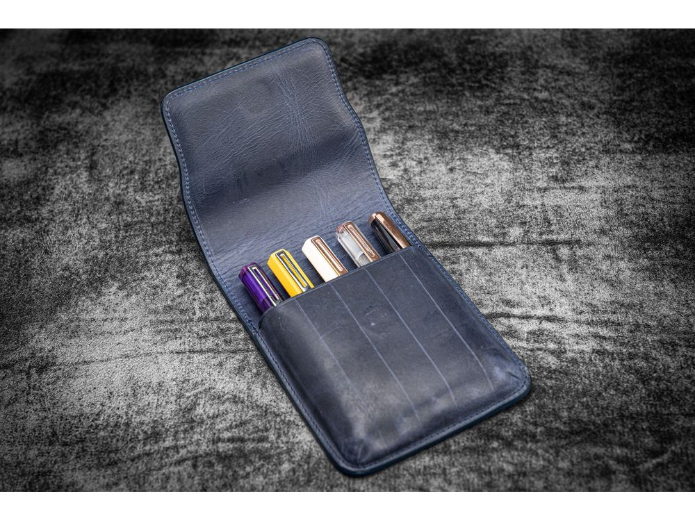 Galen Leather - Leather Flap Case for 5 Pens - Crazy Horse Navy Blue