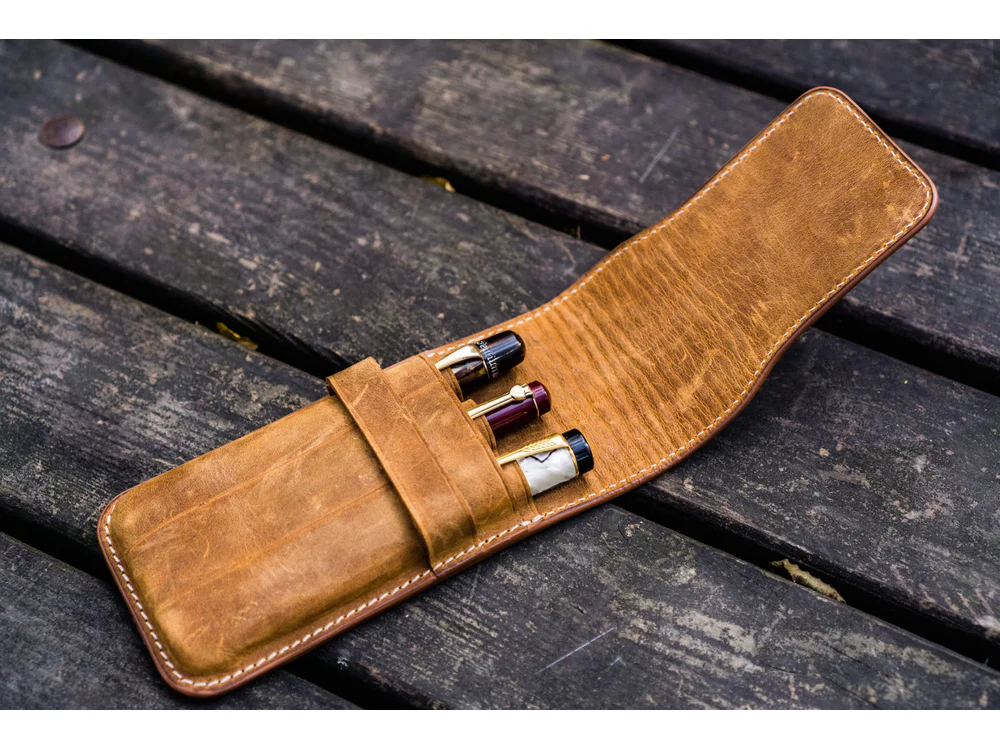 Galen Leather - Leather Flap Pen Case for 3 Pens - Crazy Horse Brown