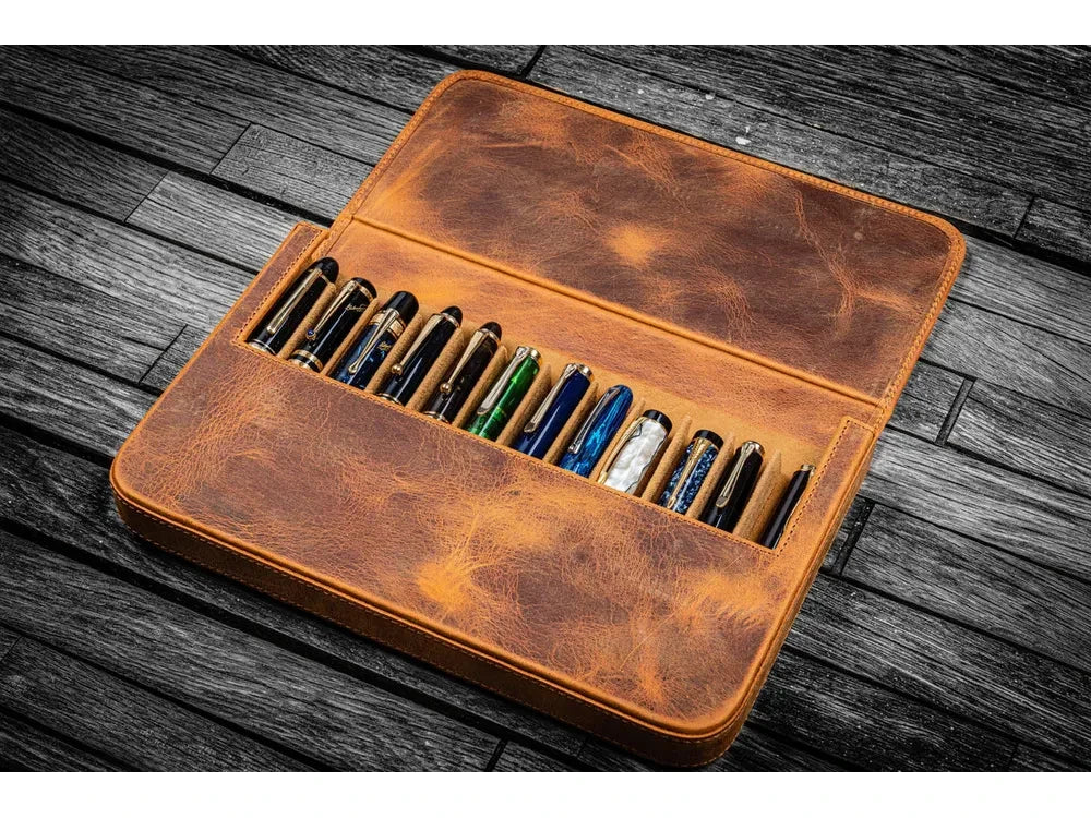 Galen Leather - Leather Magnum Opus 12 Slots Hard Pen Case with Removable Pen Tray - Crazy Horse Brown - Image 2