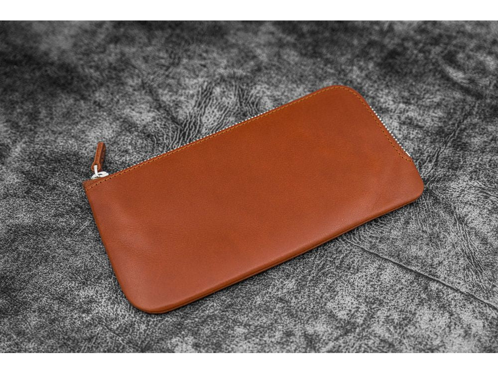 Galen Leather - Leather Slip-N-Zip 4 Slots Zippered Pen Pouch - Brown