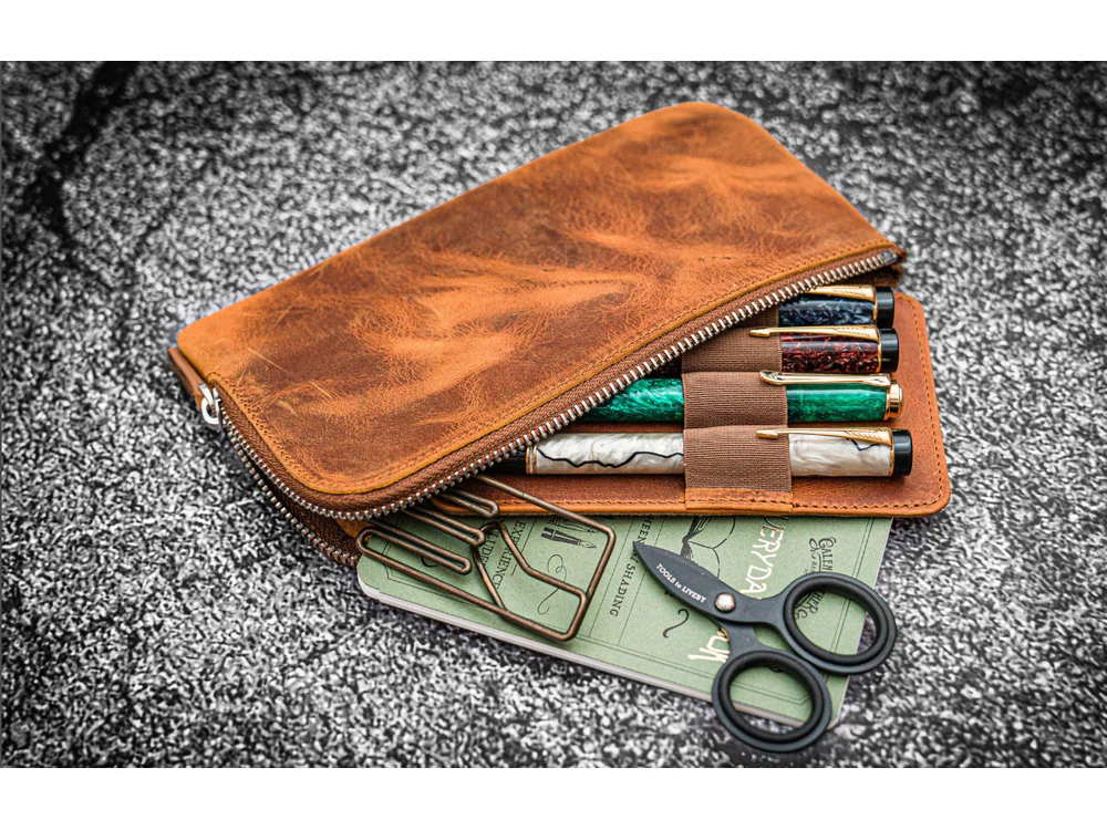 Galen Leather - Leather Slip-N-Zip 4 Slots Zippered Pen Pouch - Crazy Horse Brown