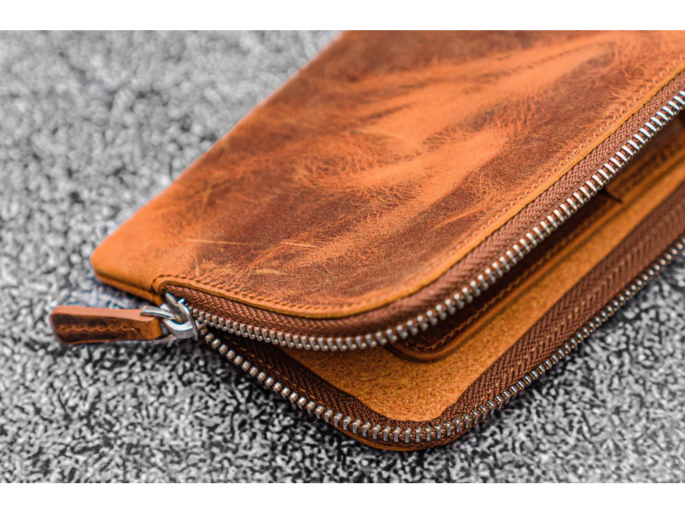 Galen Leather - Leather Slip-N-Zip 4 Slots Zippered Pen Pouch - Crazy Horse Brown - Image 2
