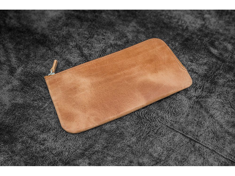 Galen Leather - Leather Slip-N-Zip 4 Slots Zippered Pen Pouch - Crazy Horse Honey Ochre