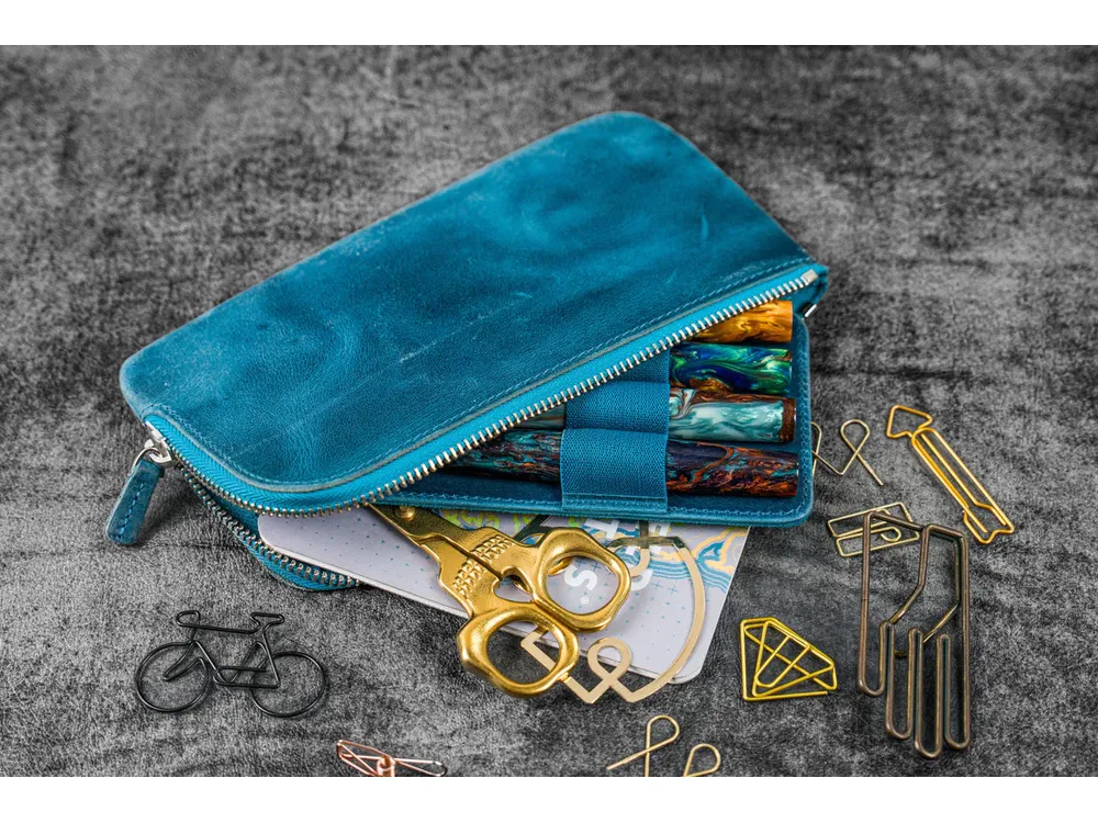 Galen Leather - Leather Slip-N-Zip 4 Slots Zippered Pen Pouch - Crazy Horse Ocean Blue