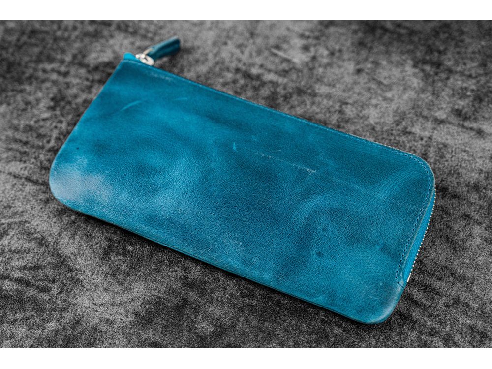 Galen Leather - Leather Slip-N-Zip 4 Slots Zippered Pen Pouch - Crazy Horse Ocean Blue - Image 2