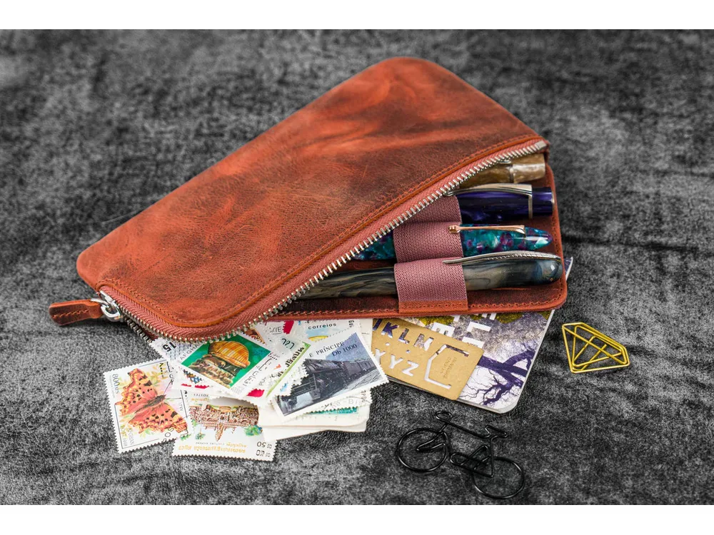 Galen Leather - Leather Slip-N-Zip 4 Slots Zippered Pen Pouch - Crazy Horse Orange