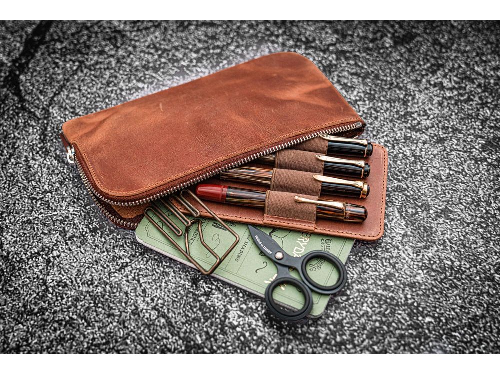 Galen Leather - Leather Slip-N-Zip 4 Slots Zippered Pen Pouch - Crazy Horse Tan