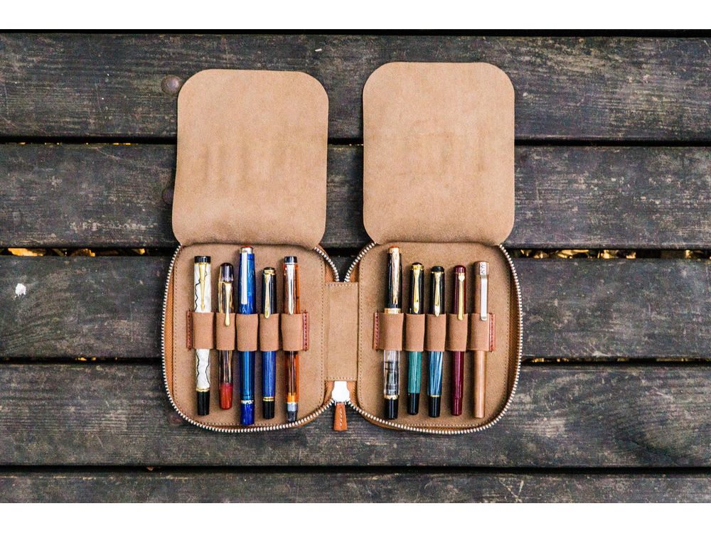 Galen Leather - Leather Zippered 10 Slots Pen Case - Brown - Image 2