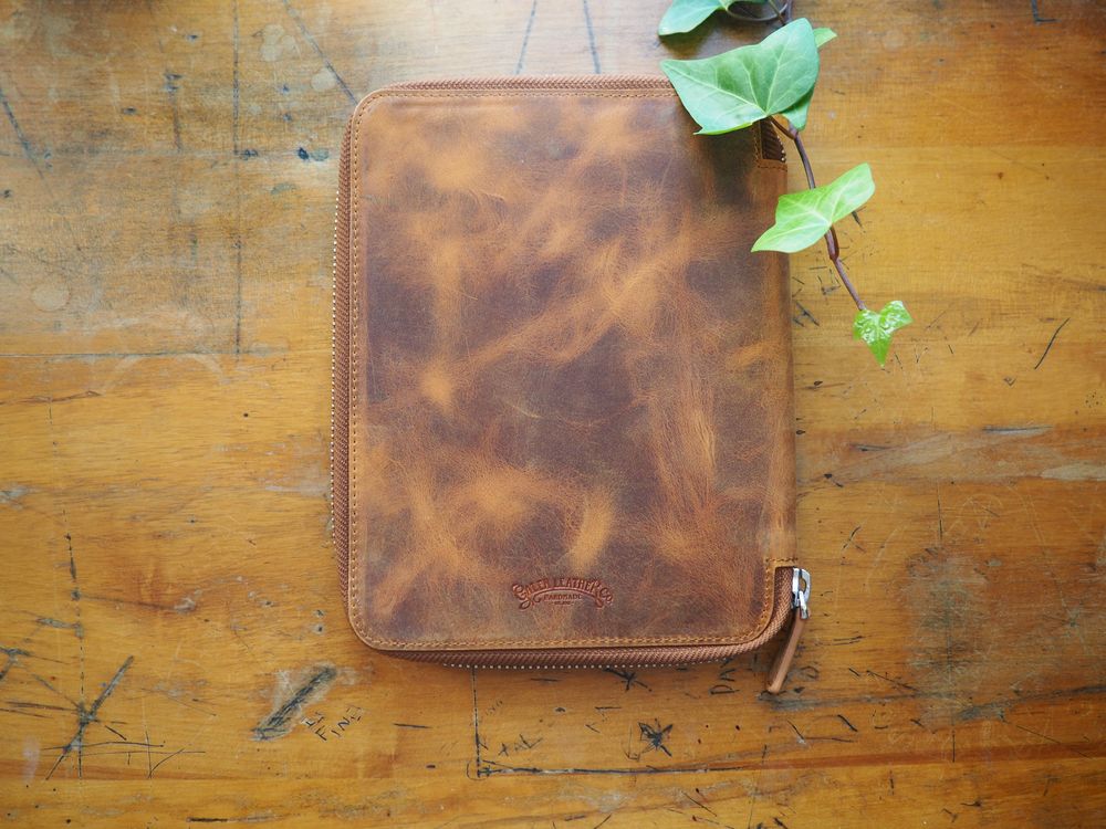 Galen Leather - Leather Zippered 10 Slots Pen Case with A5 Notebook Holder - Crazy Horse Brown - Image 3
