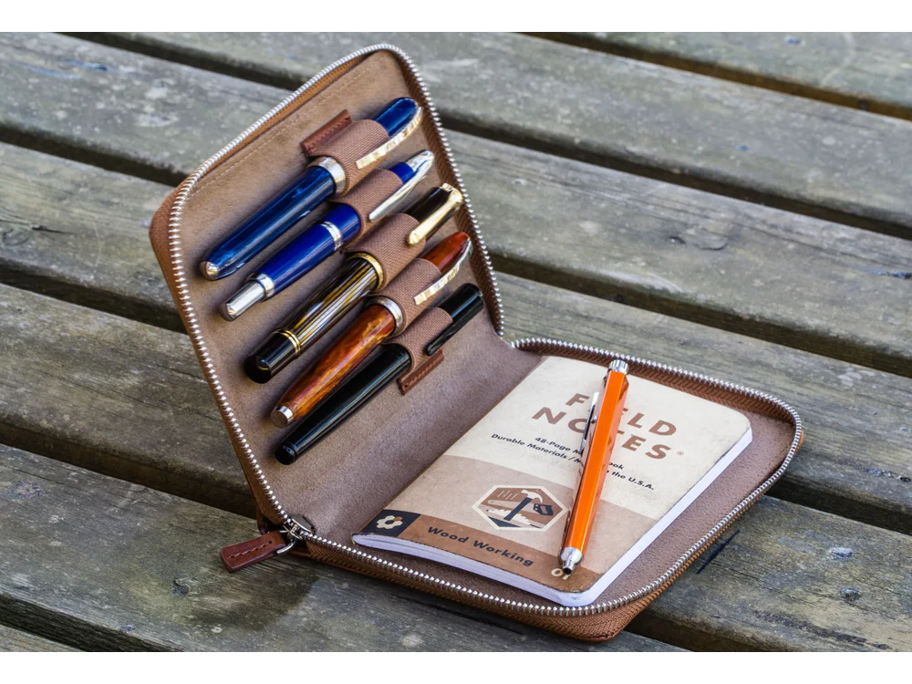 Galen Leather - Leather Zippered 5 Slots Pen Case -  Brown - Image 2