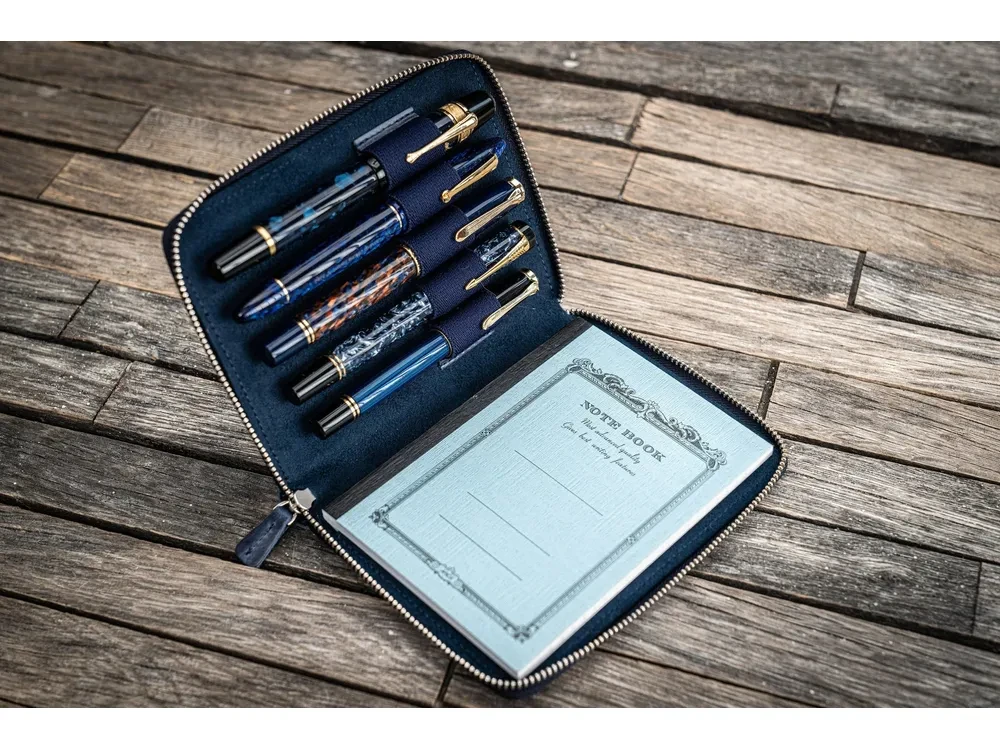 Galen Leather - Leather Zippered 5 Slots Pen Case - Crazy Horse Navy Blue