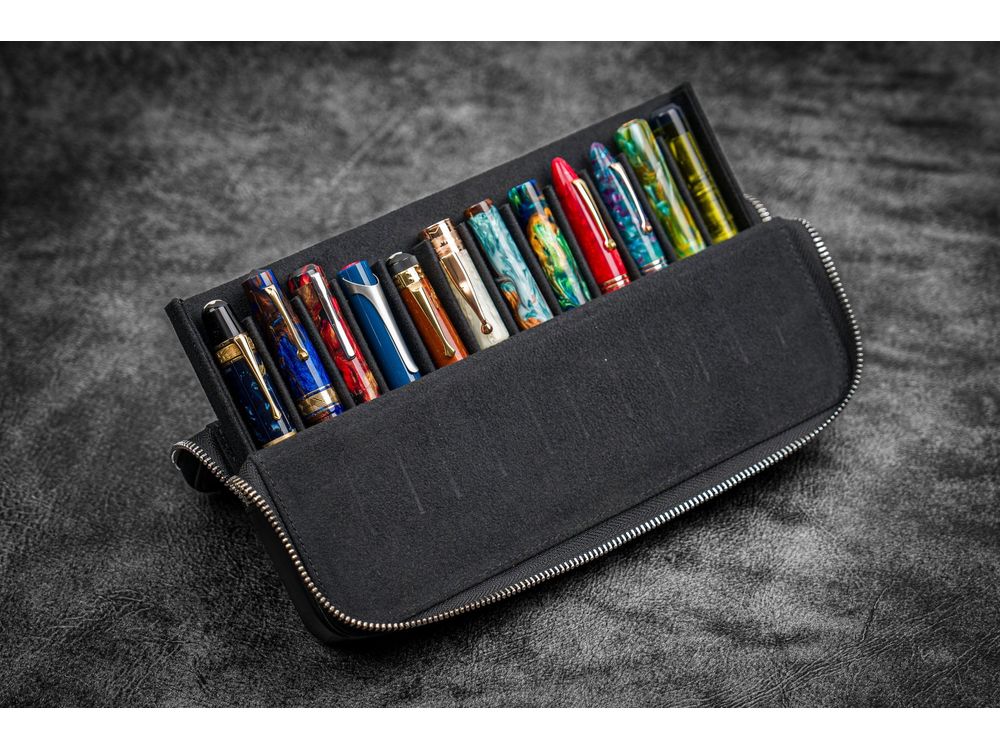 Galen Leather - Leather Zippered Magnum Opus 12 Slots Hard Pen Case with Removable Pen Tray - Black