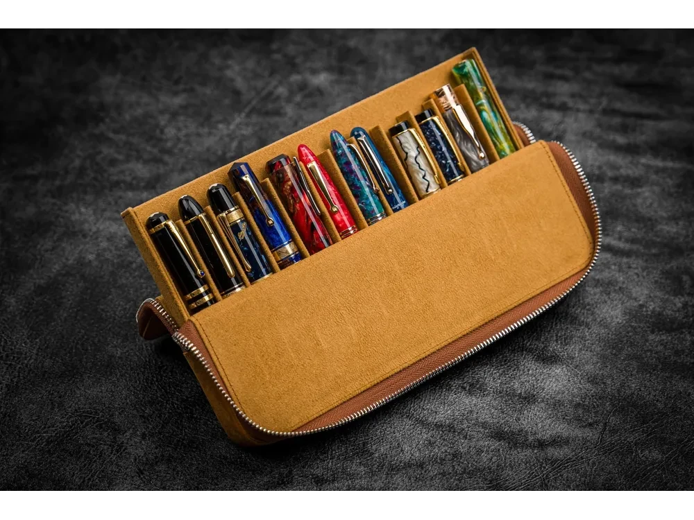 Galen Leather - Leather Zippered Magnum Opus 12 Slots Hard Pen Case with Removable Pen Tray - Crazy Horse Brown