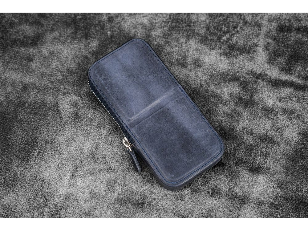 Galen Leather - Leather Zippered Magnum Opus 3 Slots Hard Pen Case with Removable Pen Tray - Crazy Horse Navy Blue - Image 2