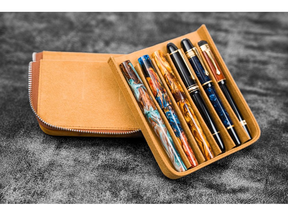 Galen Leather - Leather Zippered Magnum Opus 6 Slots Hard Pen Case with Removable Pen Tray - Crazy Horse Brown - Image 2