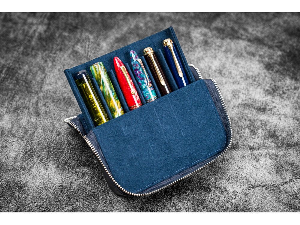 Galen Leather - Leather Zippered Magnum Opus 6 Slots Hard Pen Case with Removable Pen Tray - Crazy Horse Navy Blue