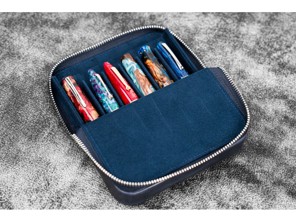 Galen Leather - Leather Zippered Magnum Opus 6 Slots Hard Pen Case with Removable Pen Tray - Crazy Horse Navy Blue - Image 2