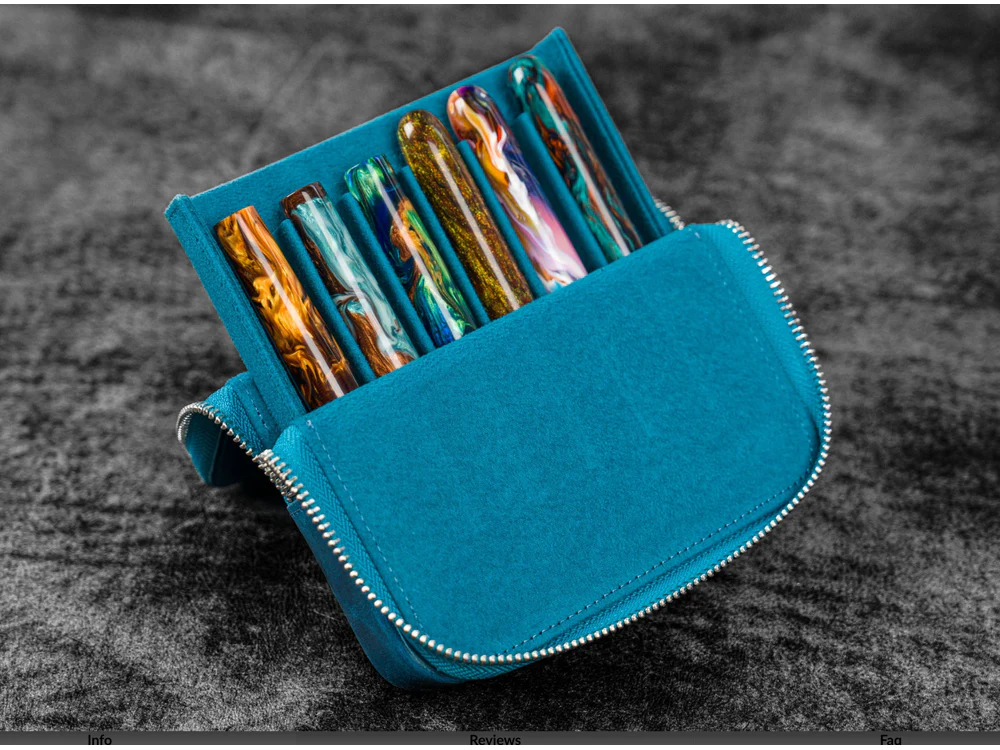 Galen Leather - Leather Zippered Magnum Opus 6 Slots Hard Pen Case with Removable Pen Tray - Crazy Horse Ocean Blue