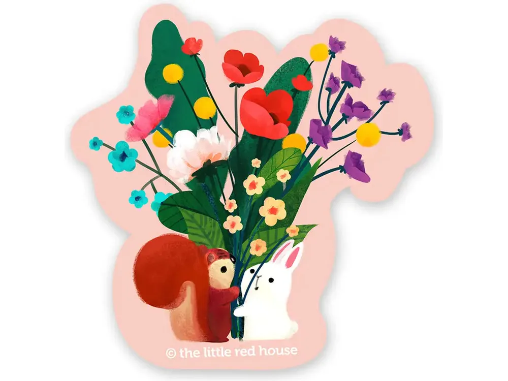 The Little Red House - Vinyl Sticker - Bunnies Flower