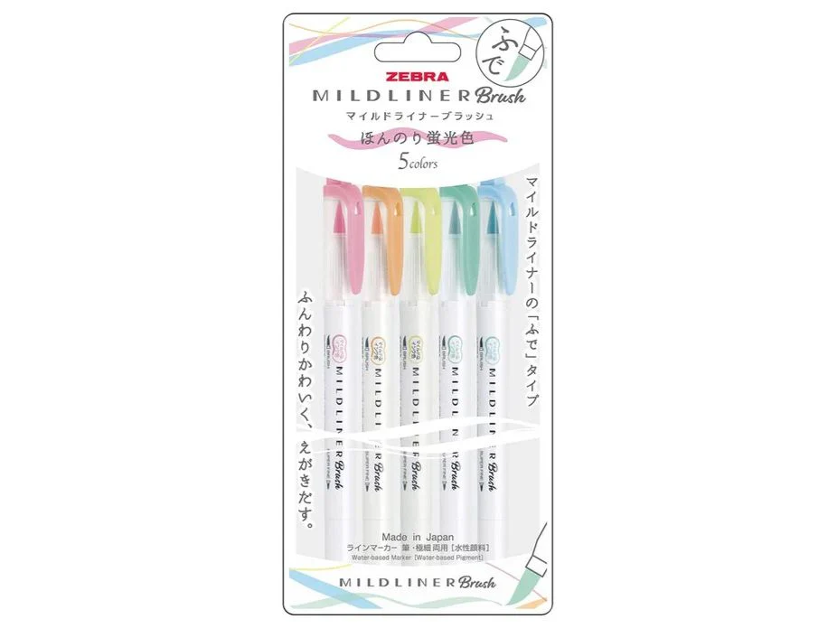 Zebra Mildliner Brush Set - Slightly Fluorescent Colors Set (Pack of 5)