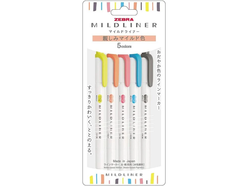 Zebra Mildliner Set - Friendly Mild Colors Set (Pack of 5)